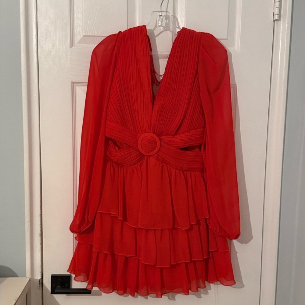 Red Ruffled Wrap Mini Dress with Bishop Sleeves